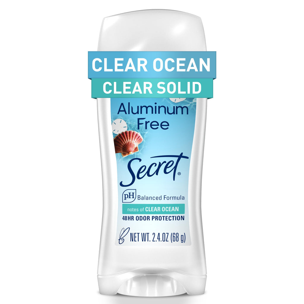 Secret Aluminum Free Deodorant for Women, 48hr Odor Protection, Free of Parabens Dyes Talc & Baking Soda, PH Balancing Minerals, Clear Solid, Clear Ocean Scent, 2.4 oz