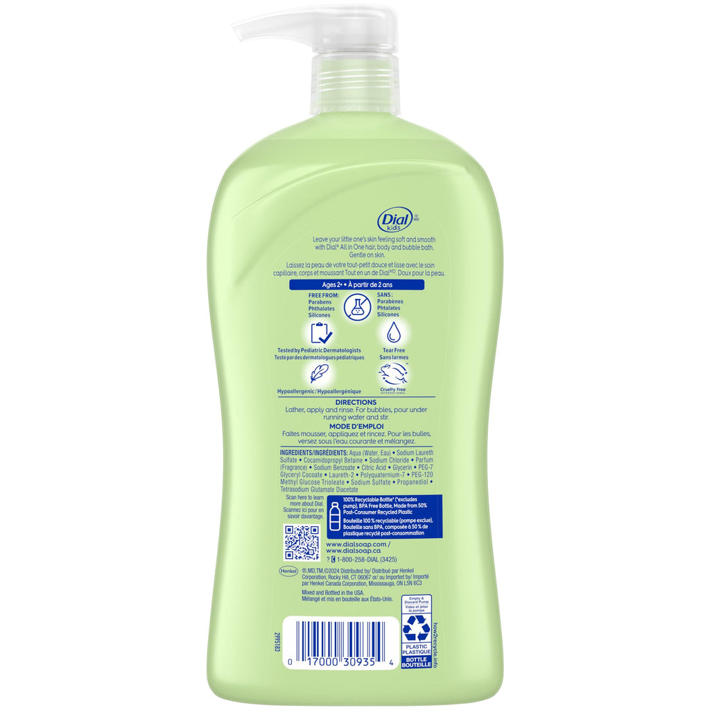 Dial Kids All-in-1 Body Wash + Hair + Bubble Bath, Melon Scent, 32 Fl Oz, Hypoallergenic Body Wash & Shampoo, No Tears Formula for Kids 2+ Years, No Parabens & Silicones