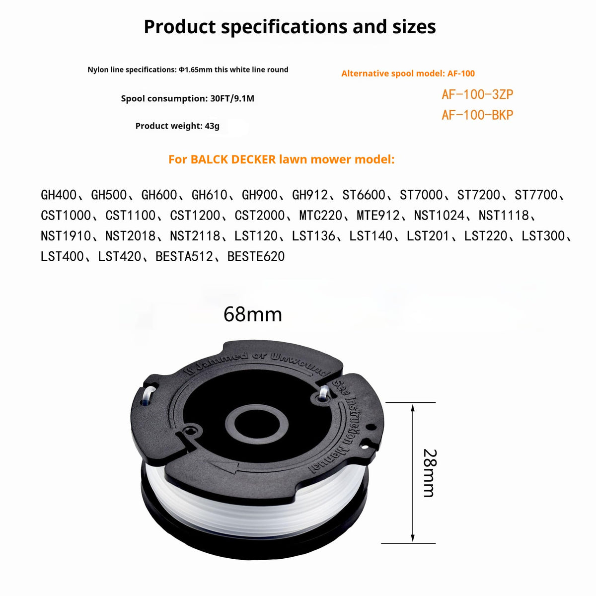 Black & Decker AF-100 Weed Eater Spool, 0.065" Auto Feed String Trimmer Replacement Parts, Pre-Wound Weed Eater String Refill for Lawn Care
