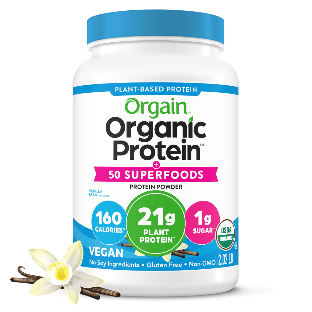 Buy now Orgain Organic Vegan Protein + 50 Superfoods Powder, Vanilla Bean - 21g Plant Based Protein, 8g Prebiotic Fiber, No Lactose Ingredients, Gluten Free, No Added Sugar, Non-GMO, 2.02 lb Vanilla at indiglob india