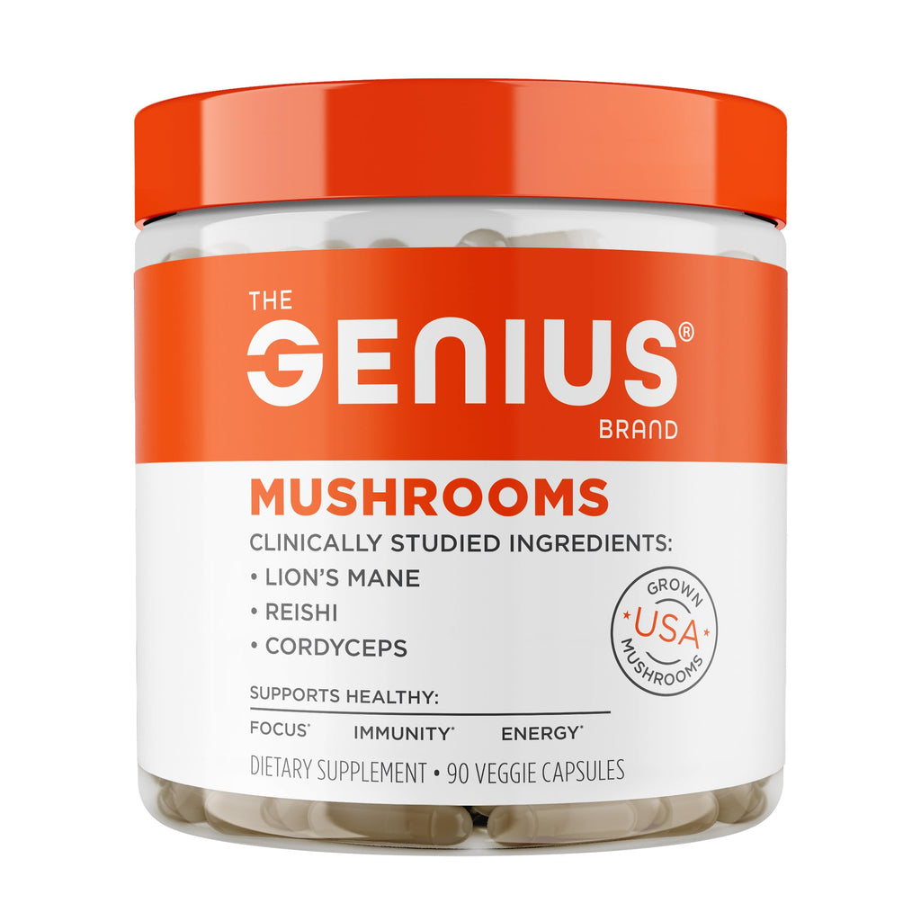 The Genius Brand Mushrooms, 90 Veggie Capsules | Organic Lion's Mane, Cordyceps and Reishi for Immune, Focus and Energy Support, Vegan and Non-GMO Capsules