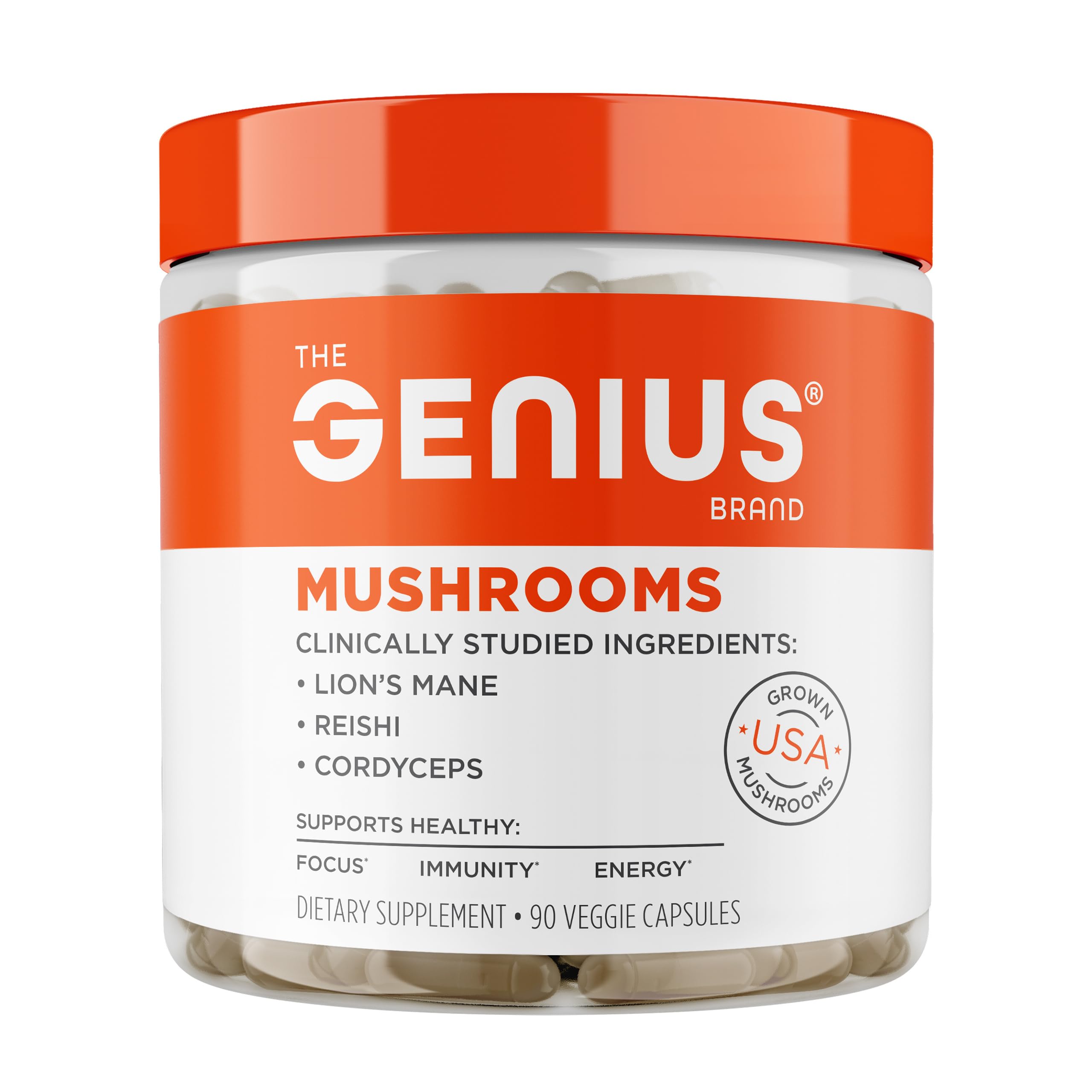 The Genius Brand Mushrooms, 90 Veggie Capsules | Organic Lion's Mane, Cordyceps and Reishi for Immune, Focus and Energy Support, Vegan and Non-GMO Capsules