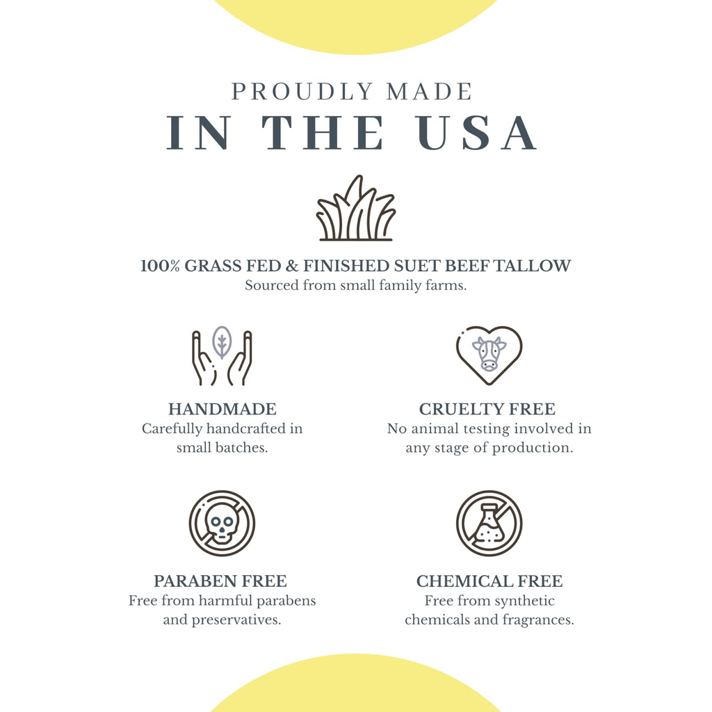 Proudly made in the USA, this balm features 100% grass-fed tallow, honey, and is free from harmful chemicals and parabens.