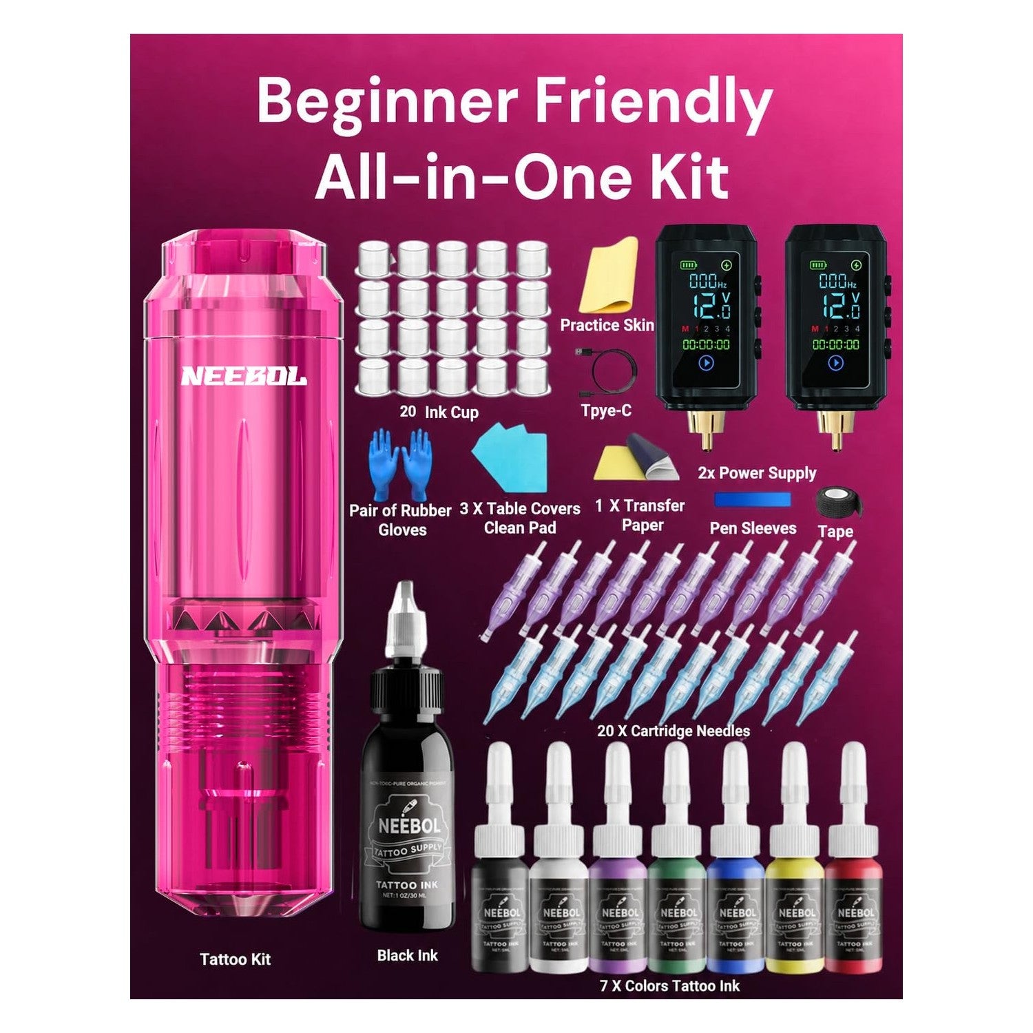 Neebol Wirless Tattoo Gun Kit, 2PCS Batteries Set for Beginners & Artists | Pink dual 1600mAh Tattoo Machine kit 20 Cartridge Needles & 8 Color Inks, Full Tattoo Supplies for Home & Studio practice