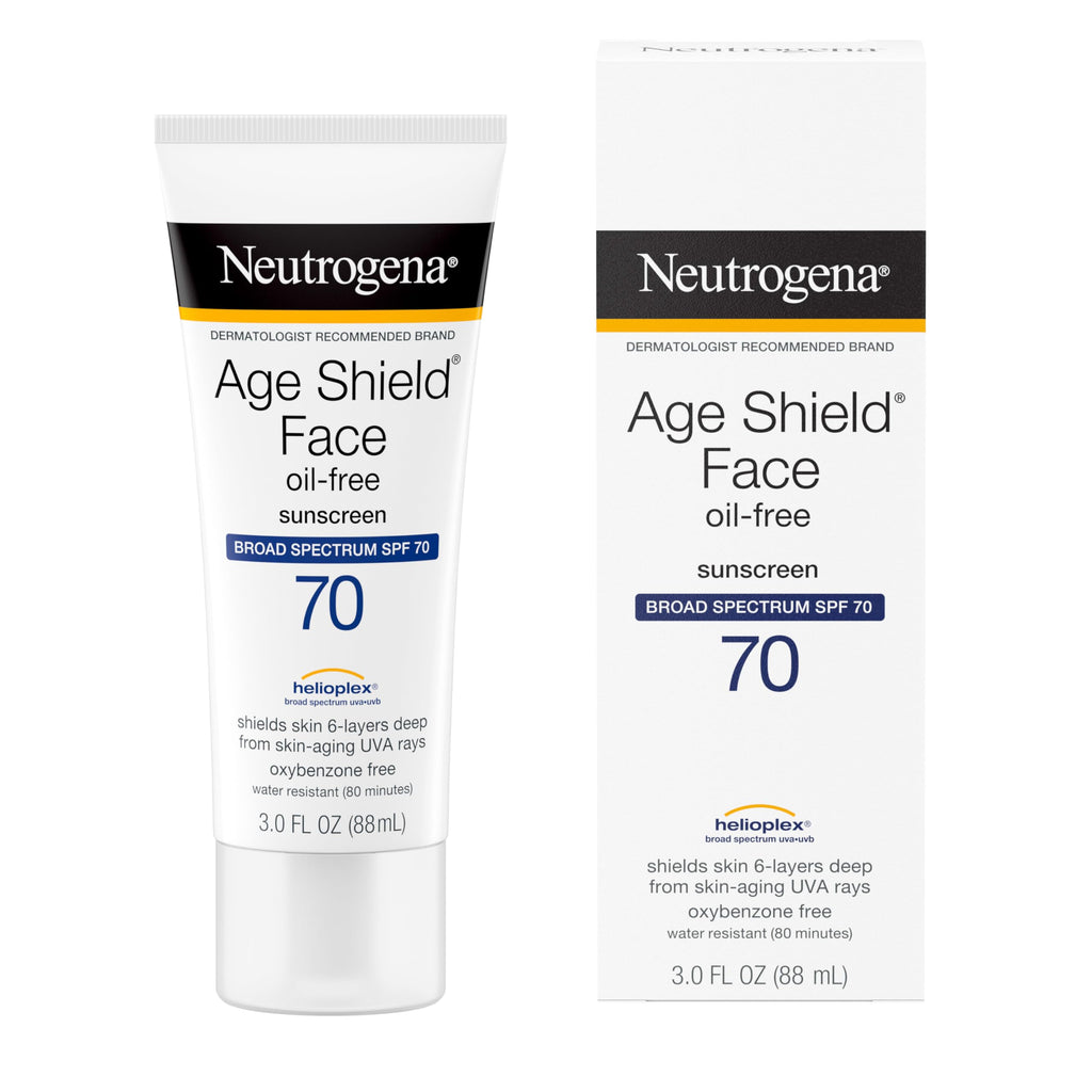 Buy now Neutrogena Age Shield Face Oil-Free Sunscreen Lotion with Broad Spectrum SPF 70, Non-Comedogenic Moisturizing Sunscreen to Help Prevent Signs of Aging, PABA-Free, 3 fl. oz. at indiglob india