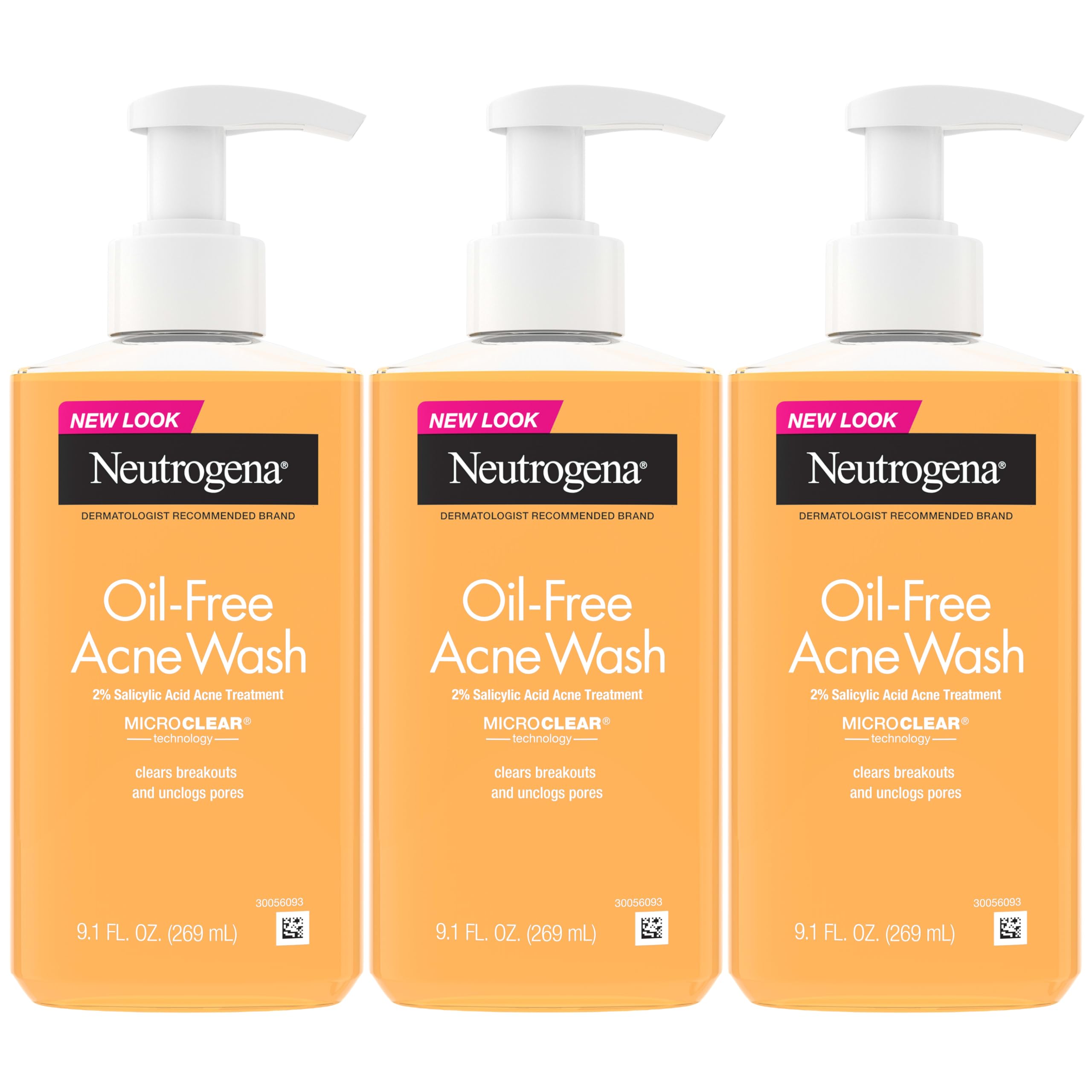 Neutrogena Oil Free Acne Face Wash, 9.1 fl. oz, 3 Pack | Salicylic Acid, Noncomedogenic, Residue-Free Facial Cleanser, Suitable for Oily Skin, Easy-Pump Bottles