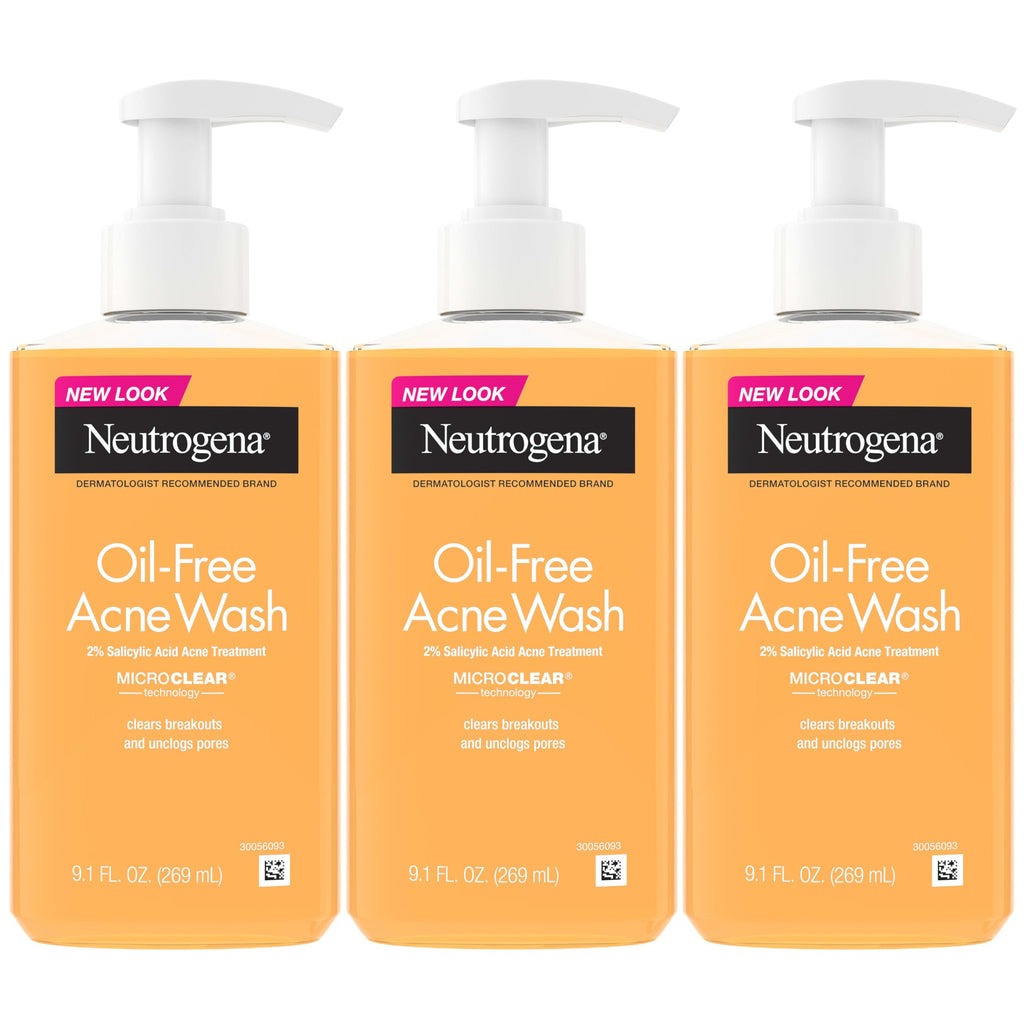 Neutrogena Oil Free Acne Face Wash, 9.1 fl. oz, 3 Pack | Salicylic Acid, Noncomedogenic, Residue-Free Facial Cleanser, Suitable for Oily Skin, Easy-Pump Bottles