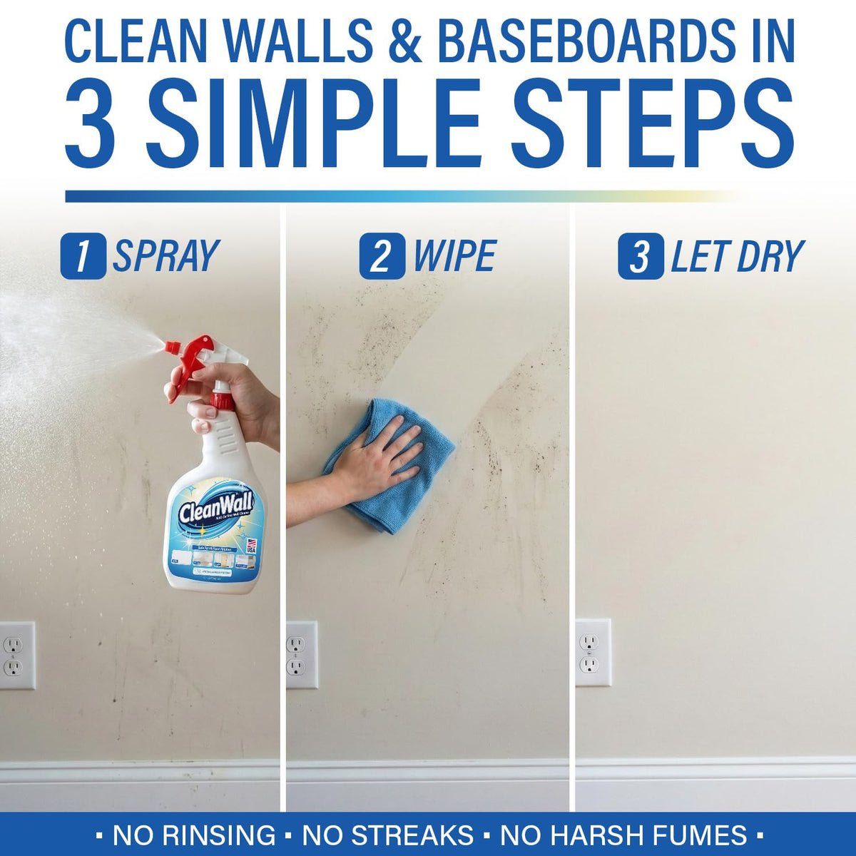 CleanWall Wall, Door & Baseboard Cleaner Spray – 32 oz Multi-Surface Formula Safe for Painted Walls – Made in USA – Family-Friendly – Tackles Everyday Kid Messes like Handprints, Smudges & Crayon