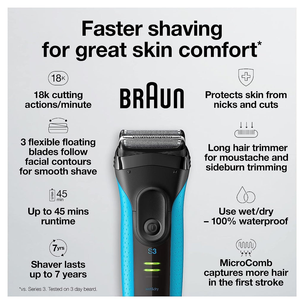 Braun Electric Series 3 Razor with Precision Trimmer, Rechargeable, Wet & Dry Foil Shaver for Men, Blue/Black, 4 Piece | Precision Trimmer, Rechargeable, Wet & Dry, Foil Shaver, 4 Piece