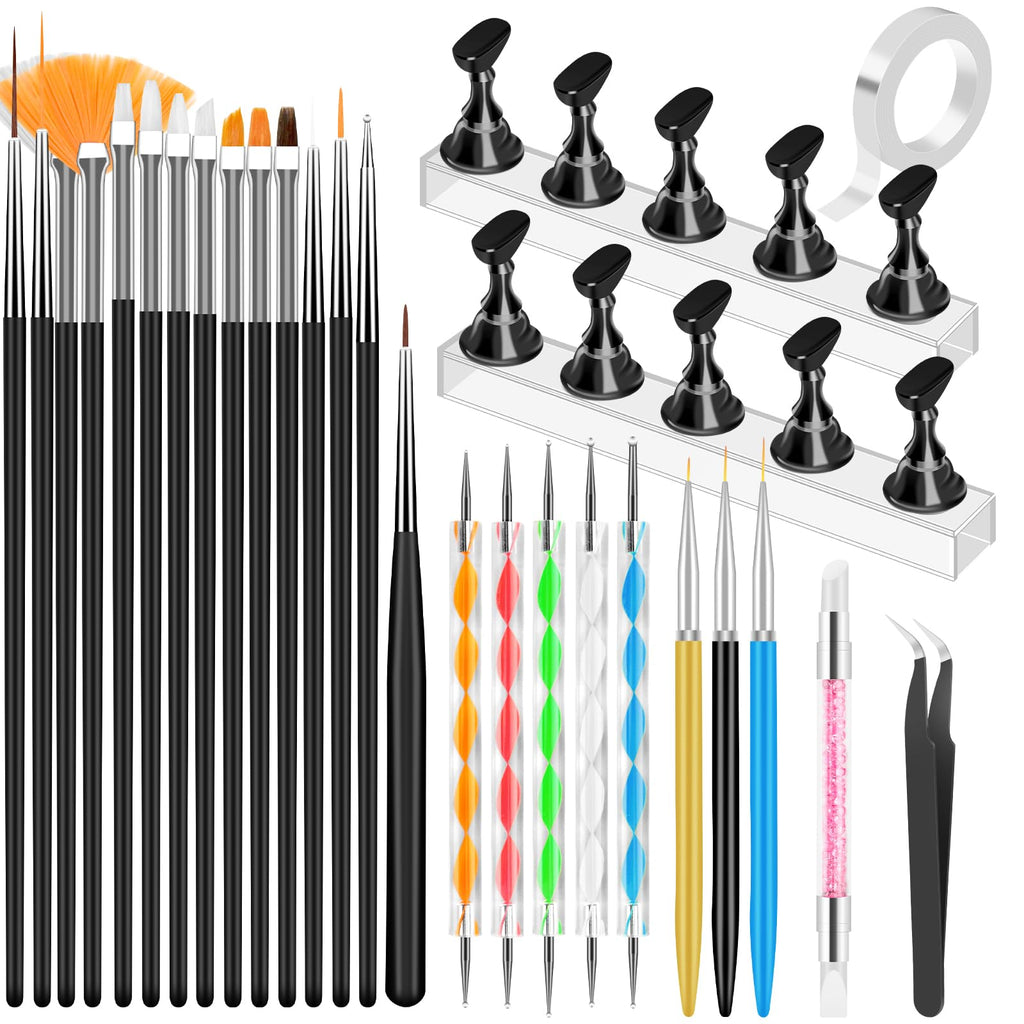 YOOVR 28-In-1 Nail Art Tools with Nail Stand Holder for Press on Painting | Nail Art Brushes, French Tip Liner Brushes, Dotting Tools, Must Have Design Tools Supplies for Nail Tech & Beginners (Pink)