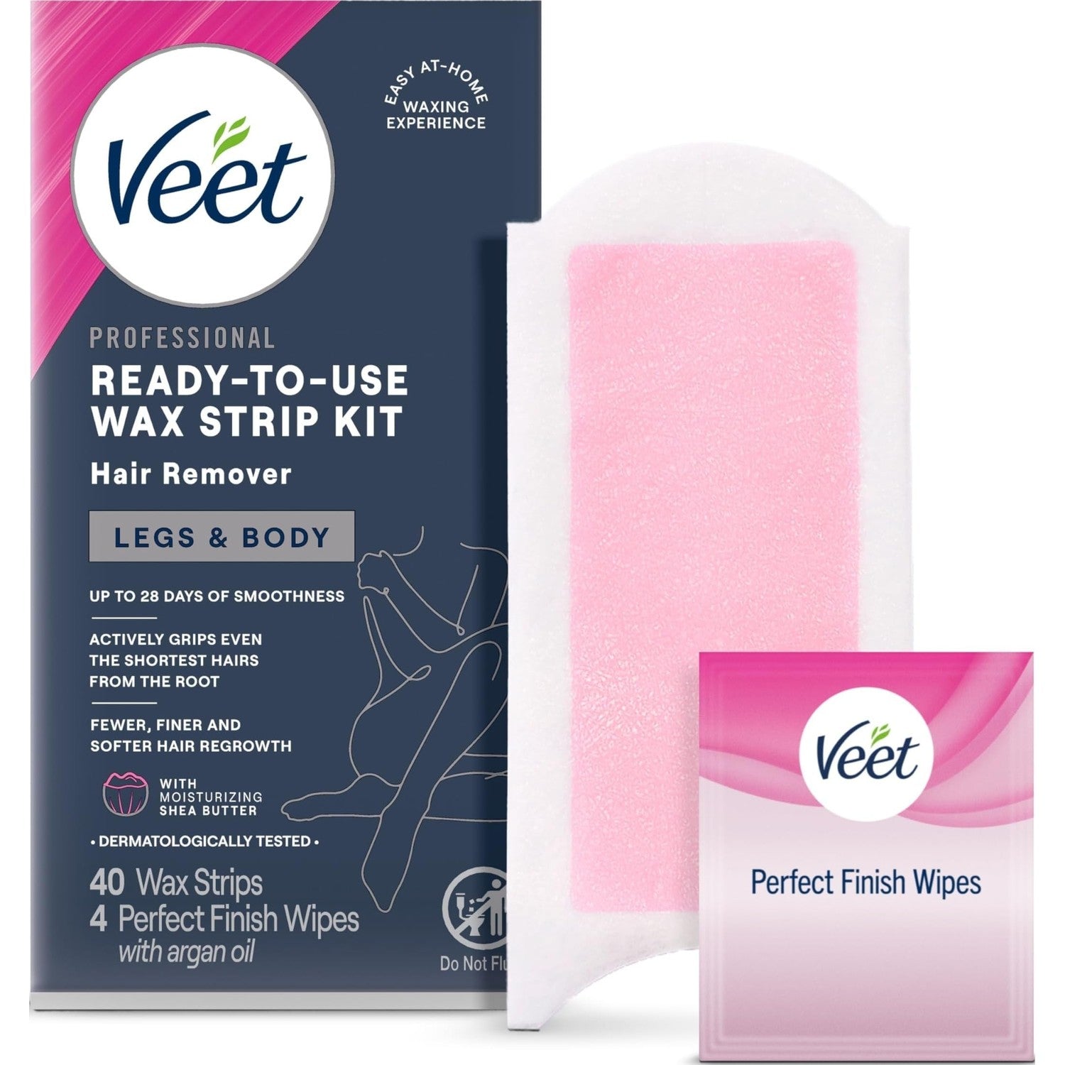 VEET Ready-To-Use Waxing Kit For Women | Wax Strips For Body Hair Removal, Wax Kit For Ingrown Hair Treatment, Personal Care Product, Hair Remover | 40ct Waxing Strips, 4ct Body Wipes