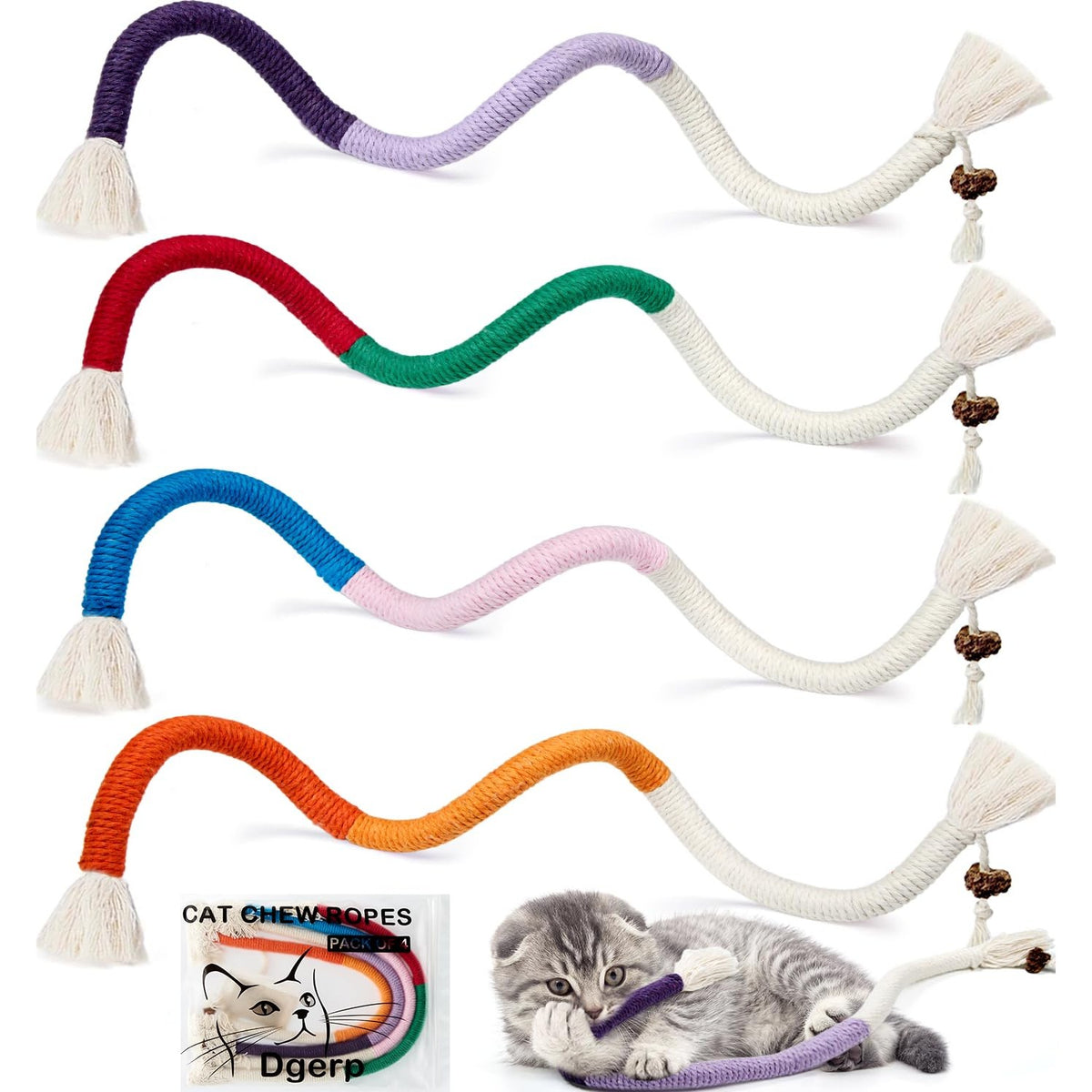 Cat Chew Ropes 4Pcs, Safe Cat Chew Toys for Indoor Cats with Catnip
