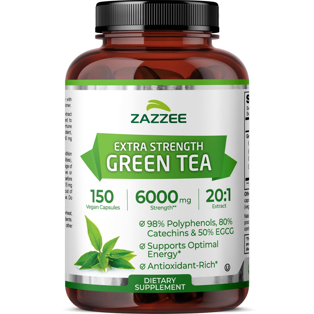 Zazzee Extra Strength Green Tea 20:1 Extract, 50% EGCG, 150 Vegan Capsules | 98% Polyphenols, 80% Catechins, 5 Month Supply, Certified Kosher, Antioxidant & Metabolism Support, Non-GMO, Made in the USA