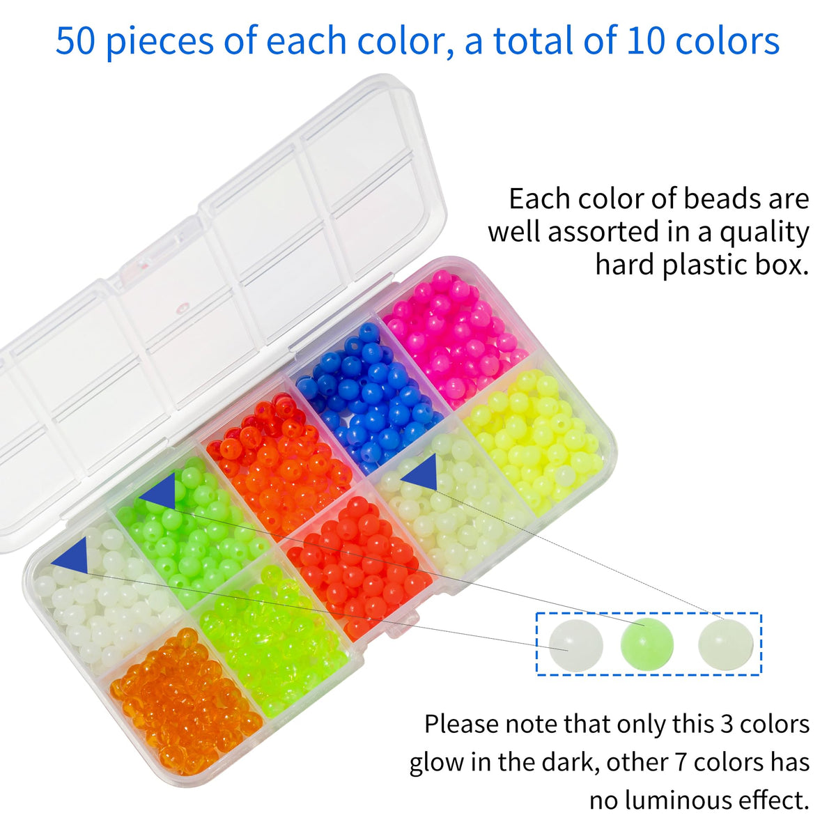 Fishing Beads, 10 Colors Beads for Fishing Rigs, 5mm Glow in the Dark Beads for Fishing in the Dark