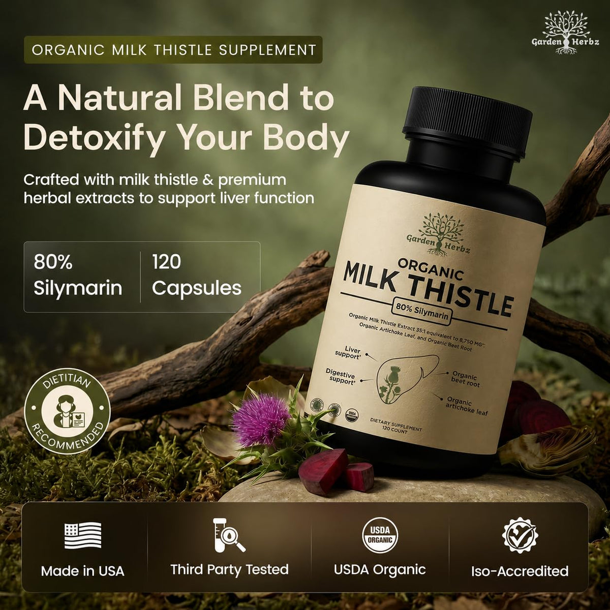 USDA Organic Milk Thistle Supplement Capsules - Liver Detox, 120 Count