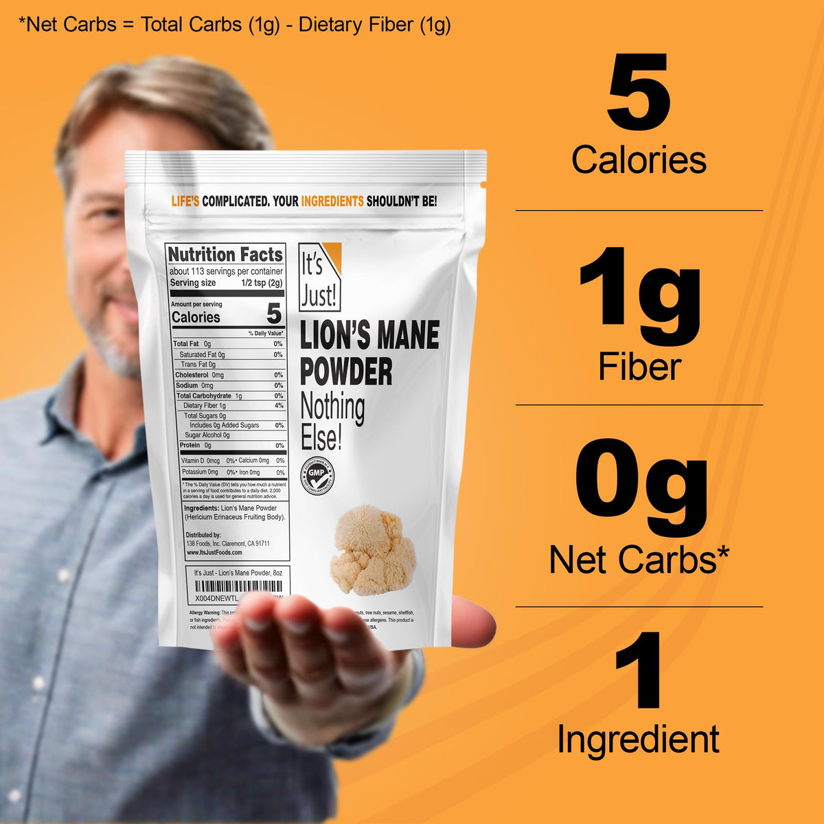 It's Just! - Lion's Mane Mushroom Powder, Natural Raw Superfood, Brain Support, Immune Health, Boost Energy, Non-GMO, 8oz