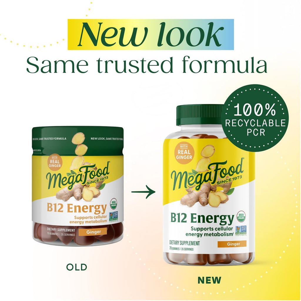 MegaFood Vitamin B12 Energy Gummies, USDA Organic, Ginger, 70 Gummies