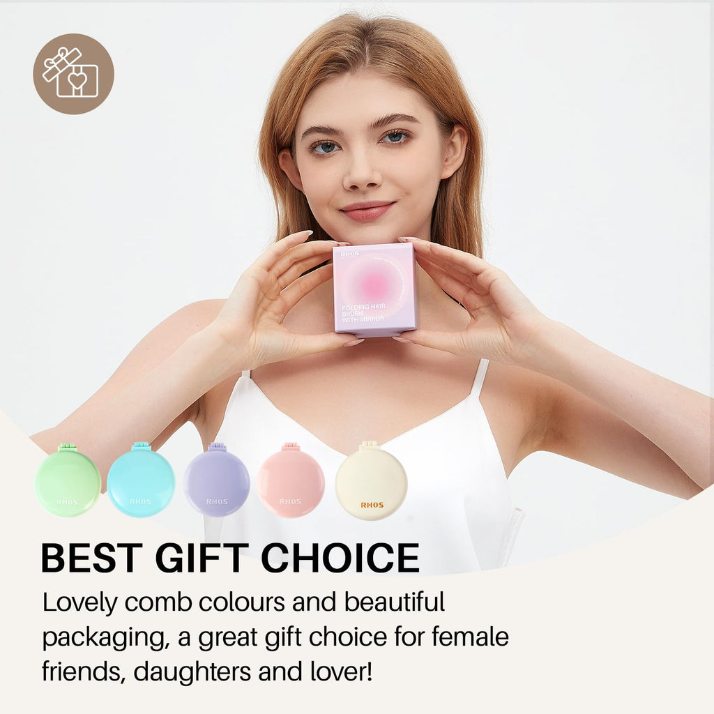 RHOS Folding Brush with Mirror displayed by a woman, showcasing vibrant colors and stylish packaging. An ideal gift choice!