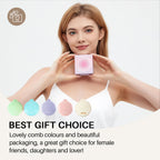 RHOS Folding Brush with Mirror displayed by a woman, showcasing vibrant colors and stylish packaging. An ideal gift choice!