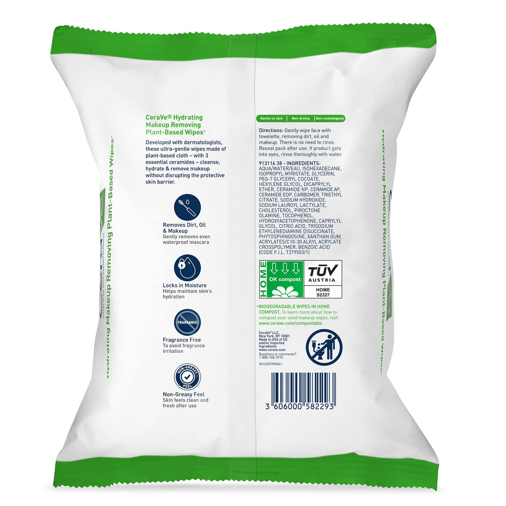 CeraVe Makeup Remover Wipes, Plant Based Face Wipes with Glycerin, 25ct | Fragrance-Free Makeup Remover Wipes with Glycerin and Ceramides Gently Cleanse Sensitive Skin without Clogging Pores