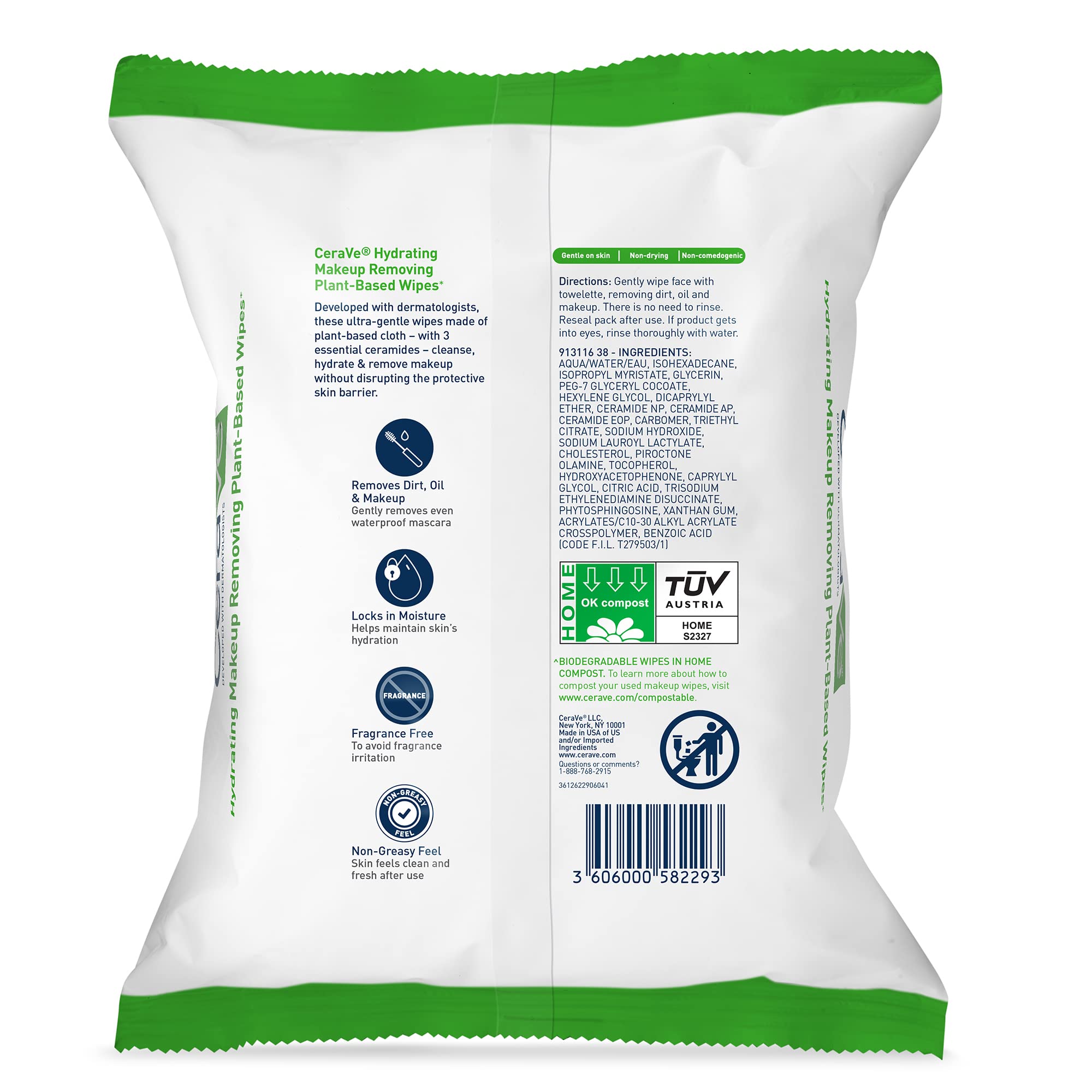 CeraVe Makeup Remover Wipes, Plant Based Face Wipes with Glycerin, 25ct | Fragrance-Free Makeup Remover Wipes with Glycerin and Ceramides Gently Cleanse Sensitive Skin without Clogging Pores