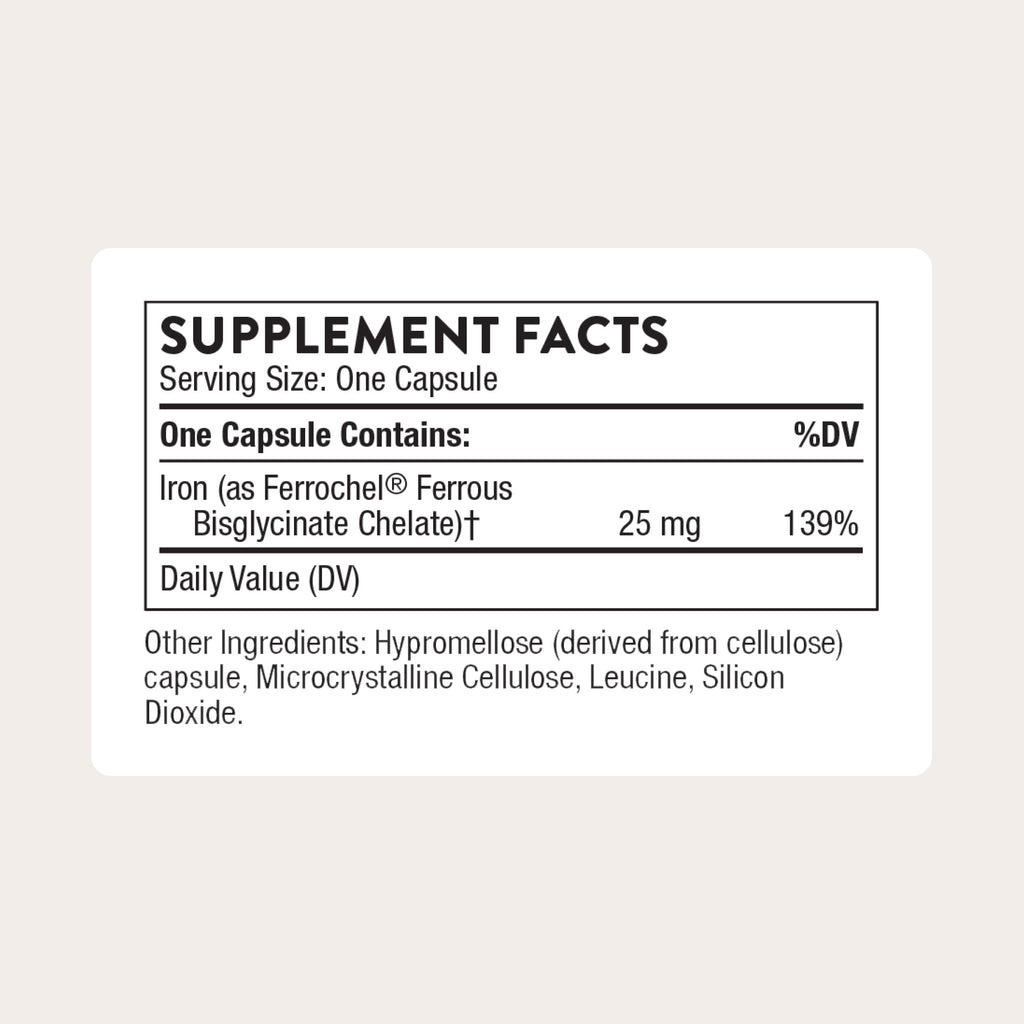 THORNE Iron Bisglycinate, 25 mg Iron Supplement, 60 Capsules | Enhanced Absorption Without Gastrointestinal Side Effects*, Chelated Iron Capsules, Gluten-Free, NSF Certified for Sport