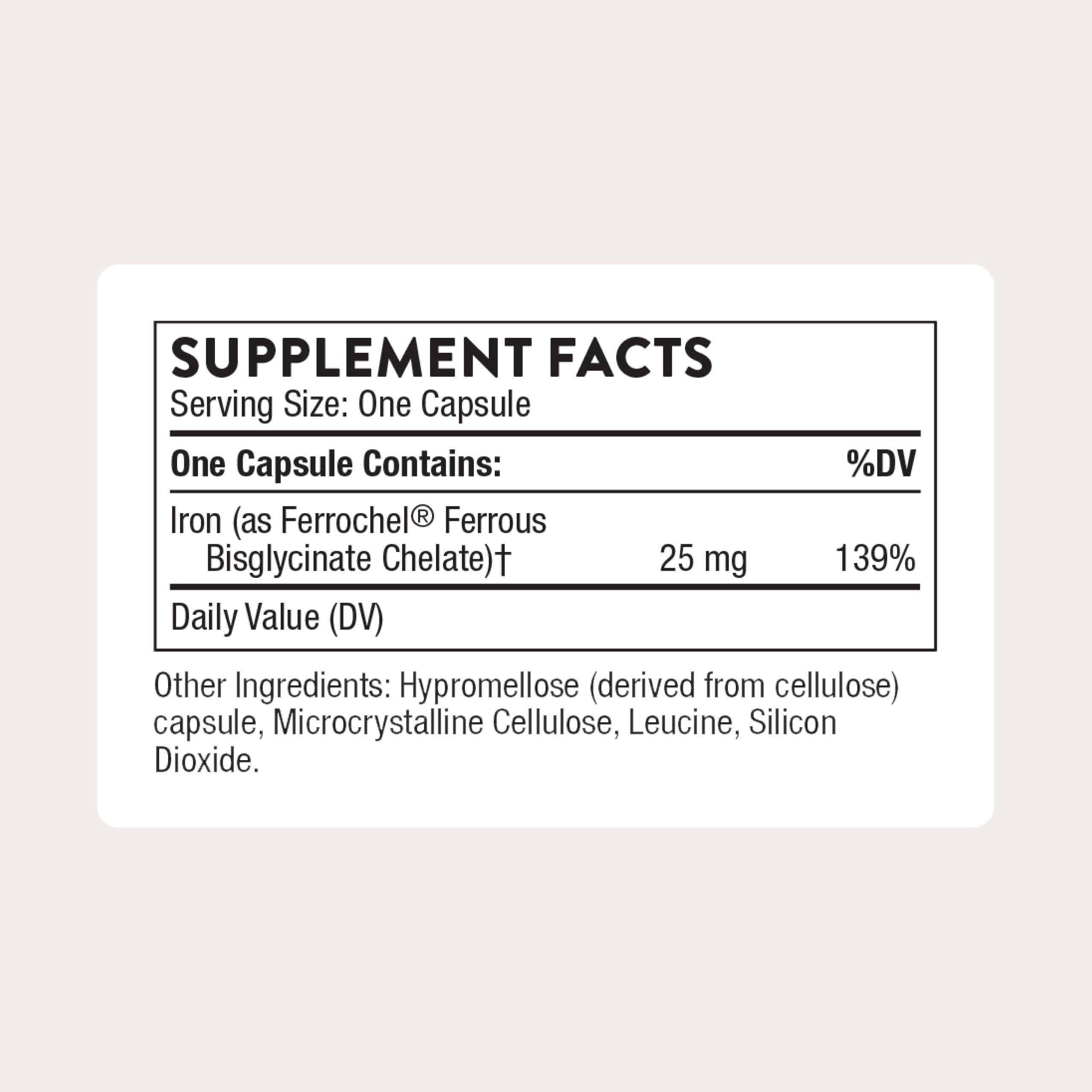 THORNE Iron Bisglycinate, 25 mg Iron Supplement, 60 Capsules | Enhanced Absorption Without Gastrointestinal Side Effects*, Chelated Iron Capsules, Gluten-Free, NSF Certified for Sport