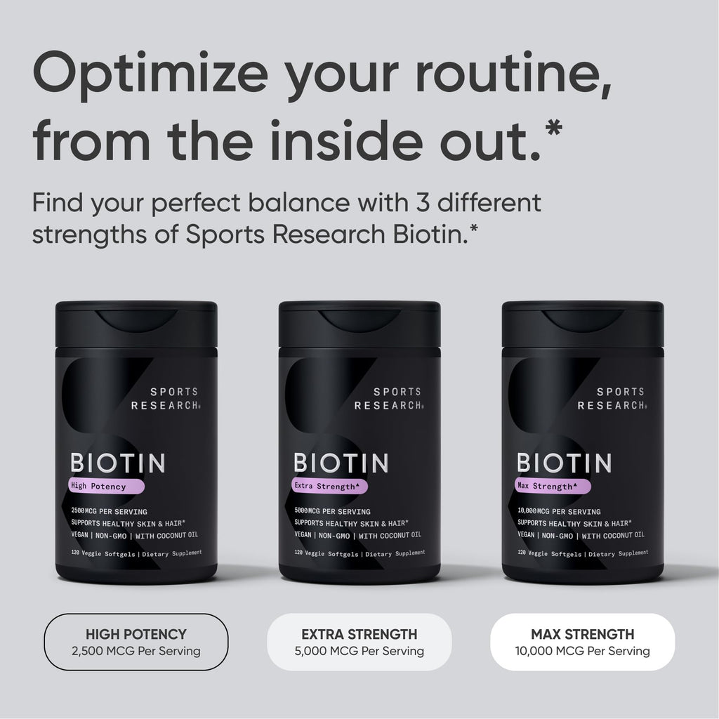 Sports Research® Biotin 10,000mcg w/Coconut Oil, 120 Count Plantgels™ | Max Strength Vegan Biotin (Vitamin B7) for Healthy Skin and Hair Support | Non-GMO, Gluten & Soy-Free, 120 Servings