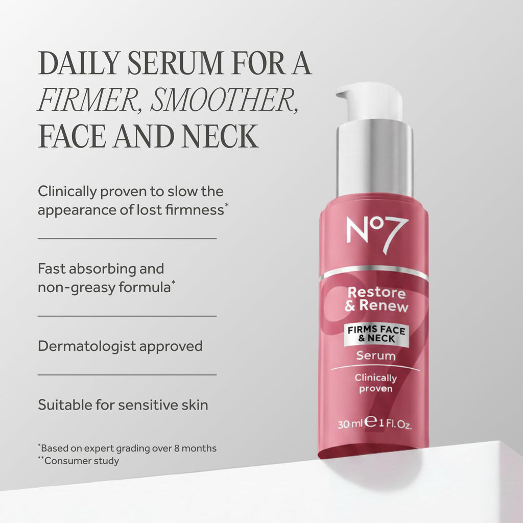 No7 Restore & Renew Sculpting Face & Neck Serum, 1 fl oz | Anti-Aging Formula, Deep Wrinkle Repair, Collagen-Infused Skincare, Hydrating Hibiscus Peptides & Hyaluronic Acid