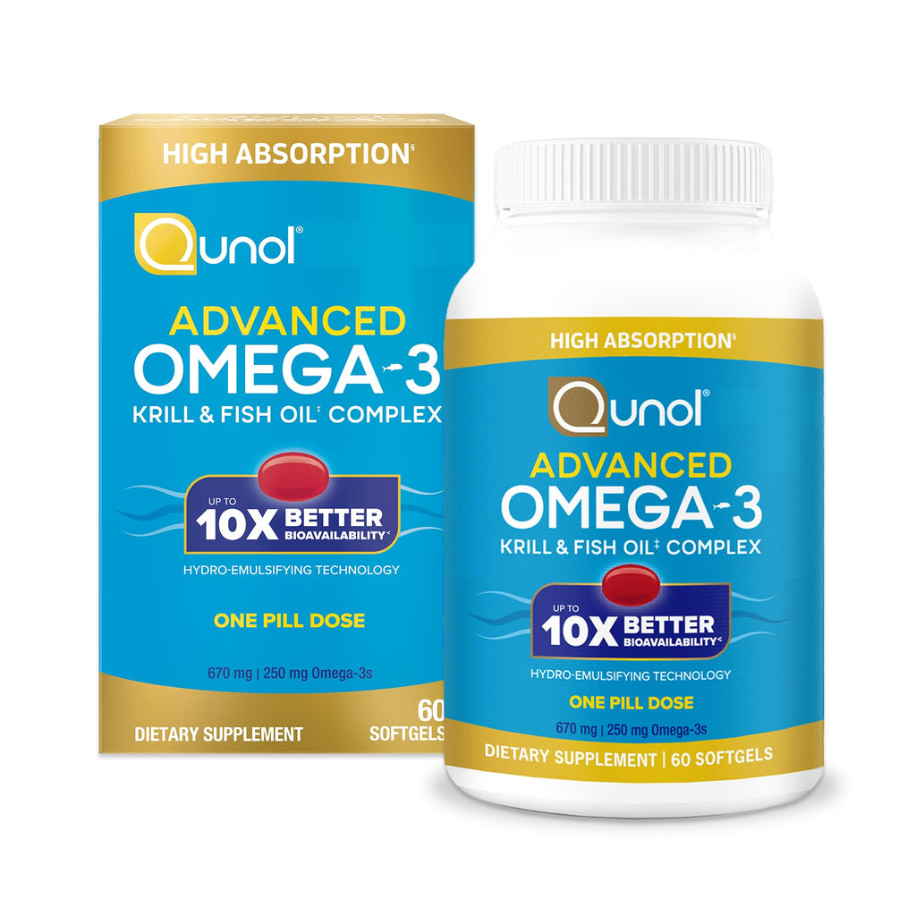 Qunol Advanced Omega-3 Krill & Fish Oil Complex, 250mg EPA & DHA, 90ct | 10x Better Bioavailability, High Absorption, One Pill Dose, Supports Brain, Eye, Heart and Joint Health; Gluten-Free