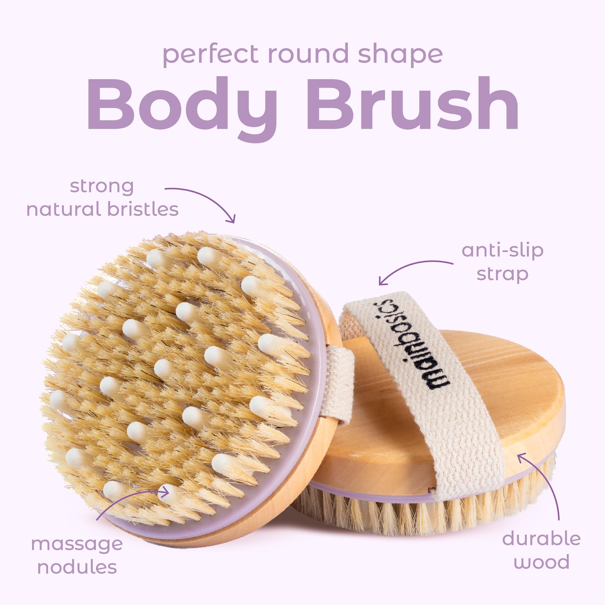 MainBasics Dry Brushing Body Brush | Lymphatic Drainage, Dry Skin, Cellulite, Blood Circulation, Exfoliating Natural Bristles and Massage Nodes