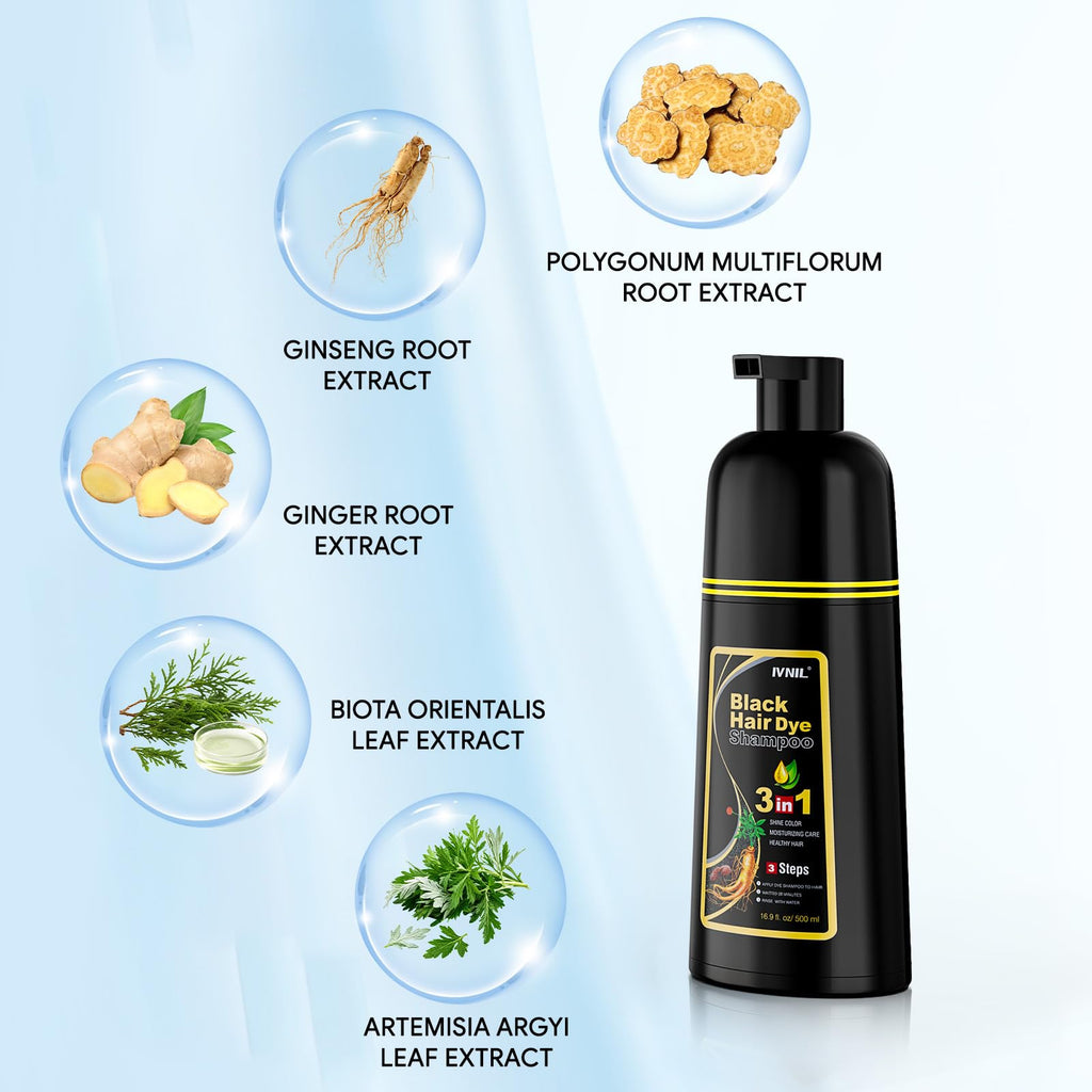 Ivnil Black Hair Dye Shampoo Color Shampoo for Gray Coverage for Women Men | Easy to use at home, Effectively cover white hair