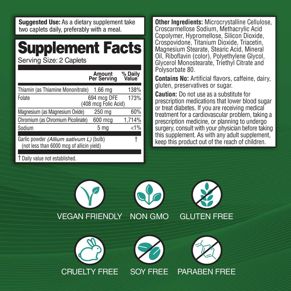 Garlique Garlic Extract Supplement, Healthy Blood Sugar Formula, Blood Sugar Support, 6000 mcg allicin, Odorless & Vegan, 60 Caplets