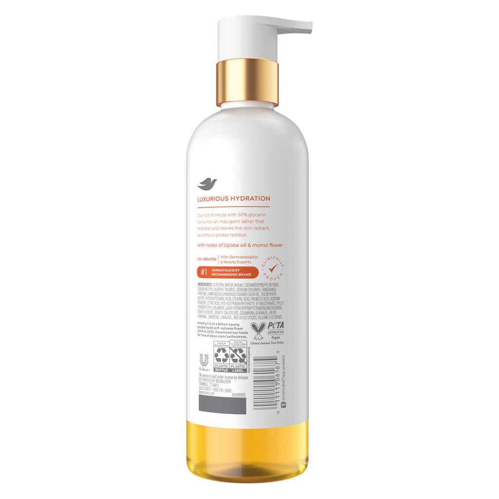 Dove Serum+Shower Oil Body Wash Radiance, Jojoba & Monoi Flower, 15.3 fl oz | Hydrating shower oil body wash with glycerin serum for soft, radiant skin without greasy residue.