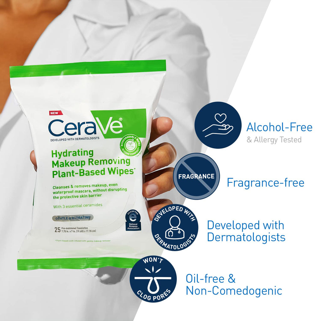 CeraVe Makeup Remover Wipes, Plant Based Face Wipes with Glycerin, 25ct | Fragrance-Free Makeup Remover Wipes with Glycerin and Ceramides Gently Cleanse Sensitive Skin without Clogging Pores