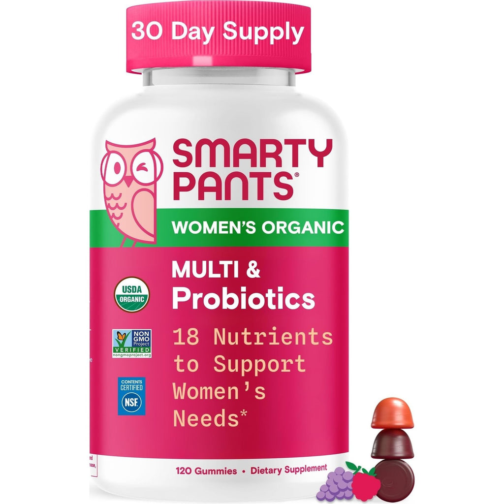 SmartyPants Organic Women's Multivitamin Gummies: Biotin, Probiotics, Methylfolate, Omega 3 (ALA), Vitamin D3, C, Vitamin B12, B6, A, K & Zinc, Inositol, Gluten Free, 120 Count (30 Day Supply)
