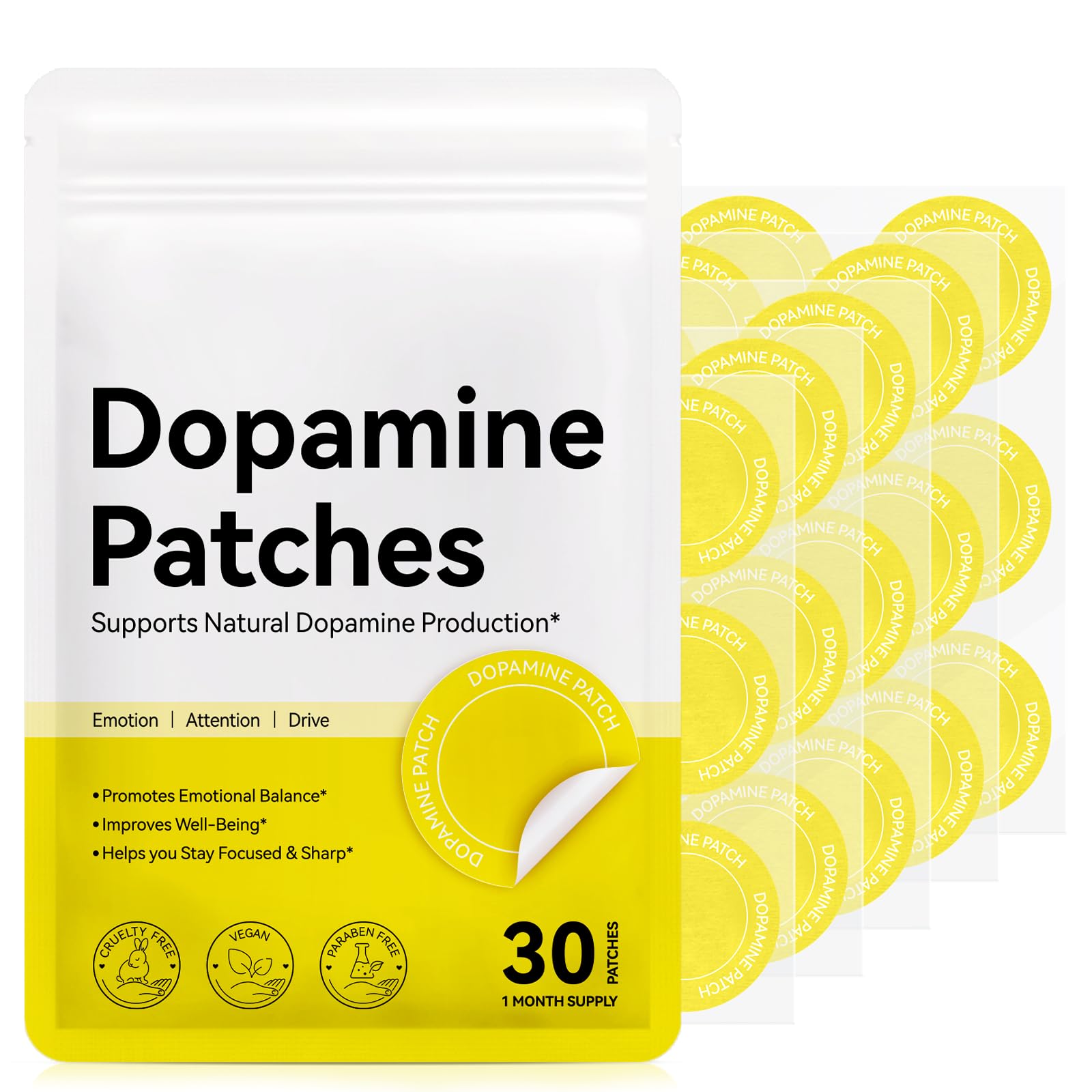 Dopamine Patches Extra Strength, Mood Support Patches for Daily Mental Wellness, Mood Boost & Positivity Support, Motivation Supports Dopamine & Serotonin Balance, Dopamine Supplements for Men Women