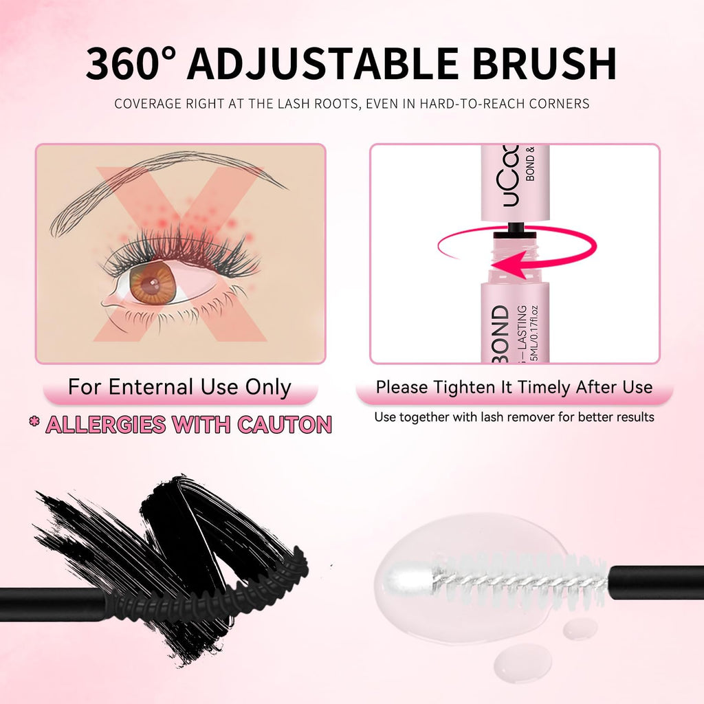 uCoolMe Lash Bond and Seal Waterproof for Lash Clusters 144Hours New Upgrade Leak-Proof Cap Upgraded Airtight Pipe Material Non-Irritating Lash Glue for DIY at Home(Black,10ML)