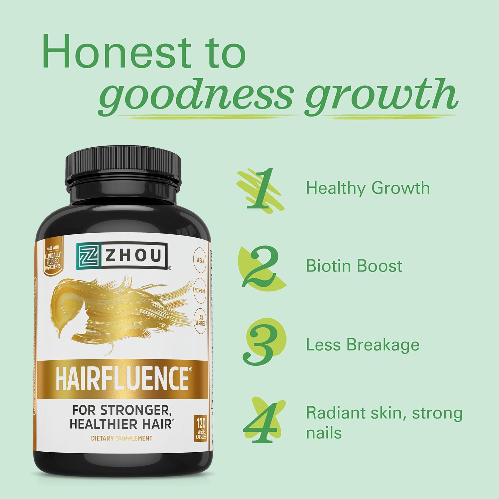 Zhou Hairfluence Supplement - 120 Veggie Capsules (Pack of 1) | Vegan Biotin Supplement for Hair Growth for Men & Women, Supports Stronger & Healthier Hair & Nails