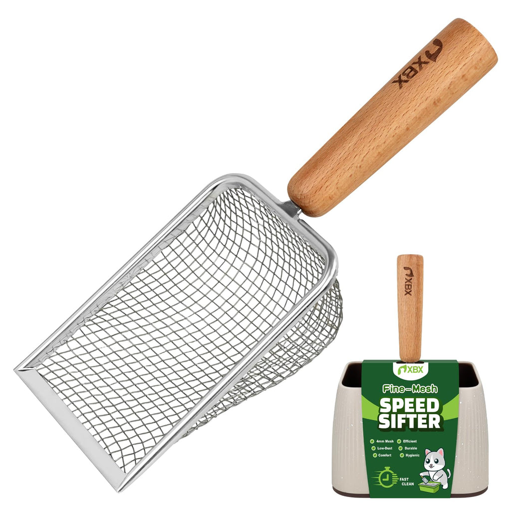 XBX Cat Litter Scoop with Holder – Metal Mesh Litter Scooper, Wooden Handle Fine Litter Scoop with Small Holes for Litter Box, Efficient Sifting and Easy Cleaning