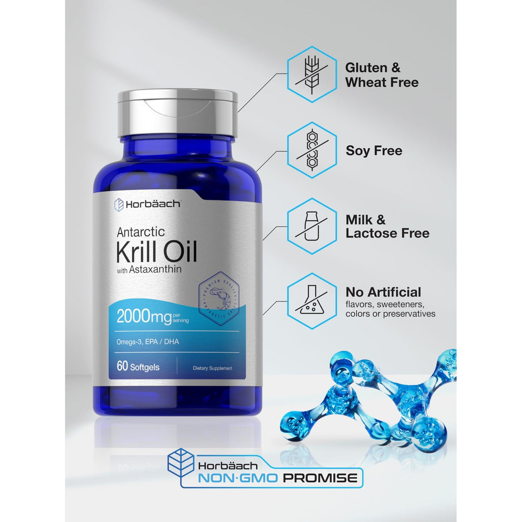 Horbäach Antarctic Krill Oil 2000mg | 60 Softgel Capsules | Omega-3, EPA, DHA Supplement | with Astaxanthin | Non-GMO, Gluten Free