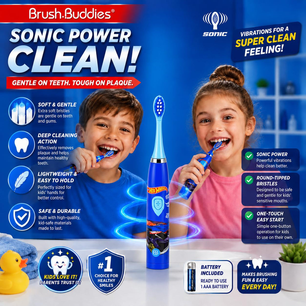 Brush Buddies Hot Wheels Battery Powered Sonic Electric Kids Toothbrush Soft Bristles Rounded Head Children Boys Girls Blue Gentle Cleaning Easy Grip Handle Plaque Removal Oral Care