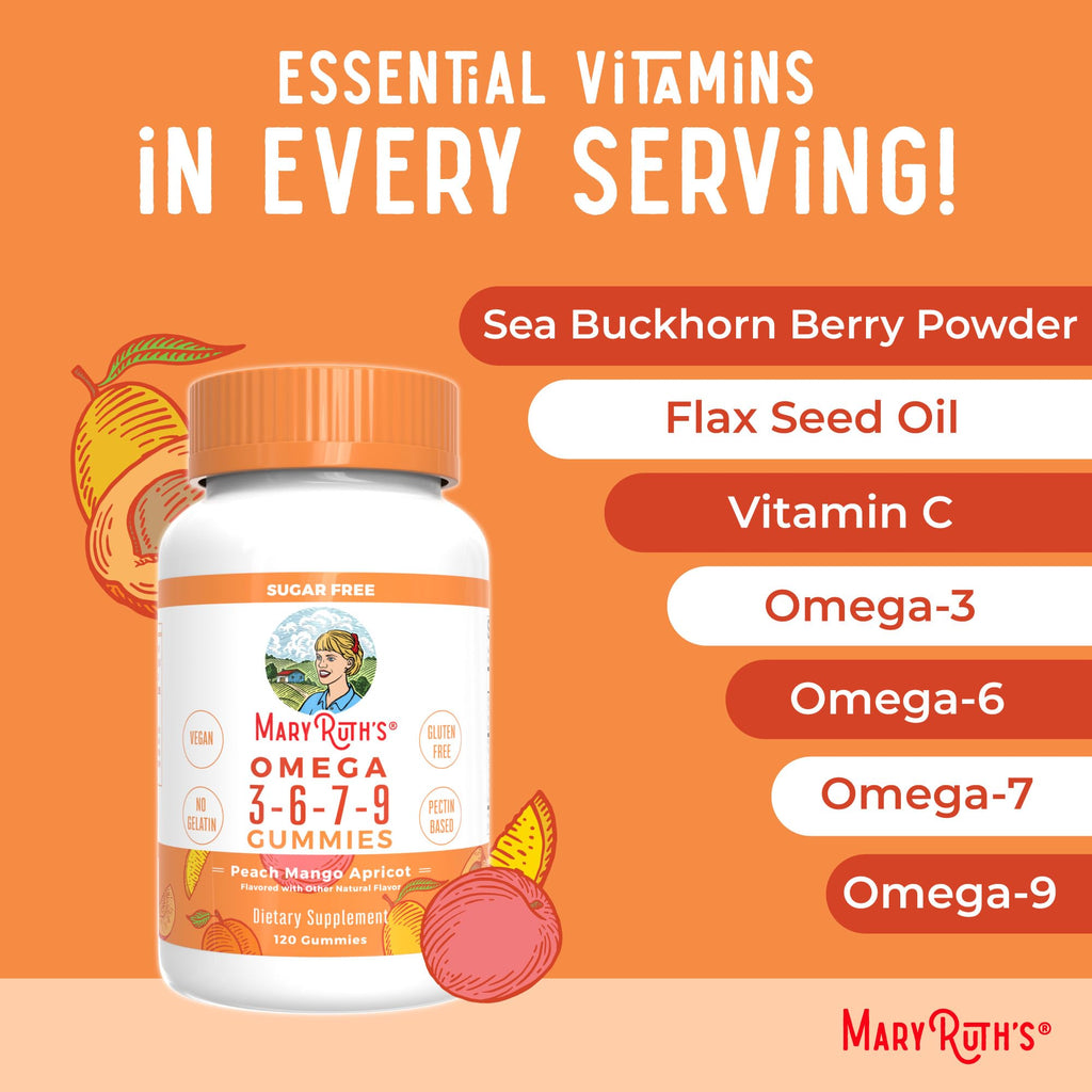 MaryRuth's Vegan Omega 3 6 7 9 Gummies, No Fish Taste, Up to 4 Month Supply | Up to 4 Month Supply, With Flaxseed Oil, No Fish Taste, Non-GMO