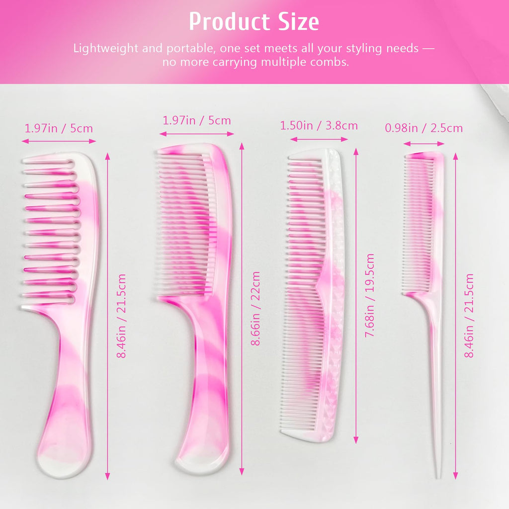 4 Pcs Unisex Hair Comb Set - Rat Tail, Wide & Fine Tooth and Dual-Sided Combs for Daily Detangling, Pink
