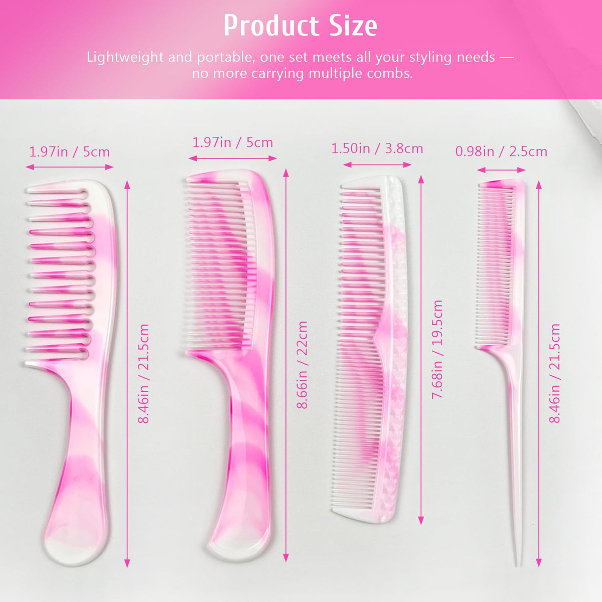 4 Pcs Unisex Hair Comb Set - Rat Tail, Wide & Fine Tooth and Dual-Sided Combs for Daily Detangling, Pink