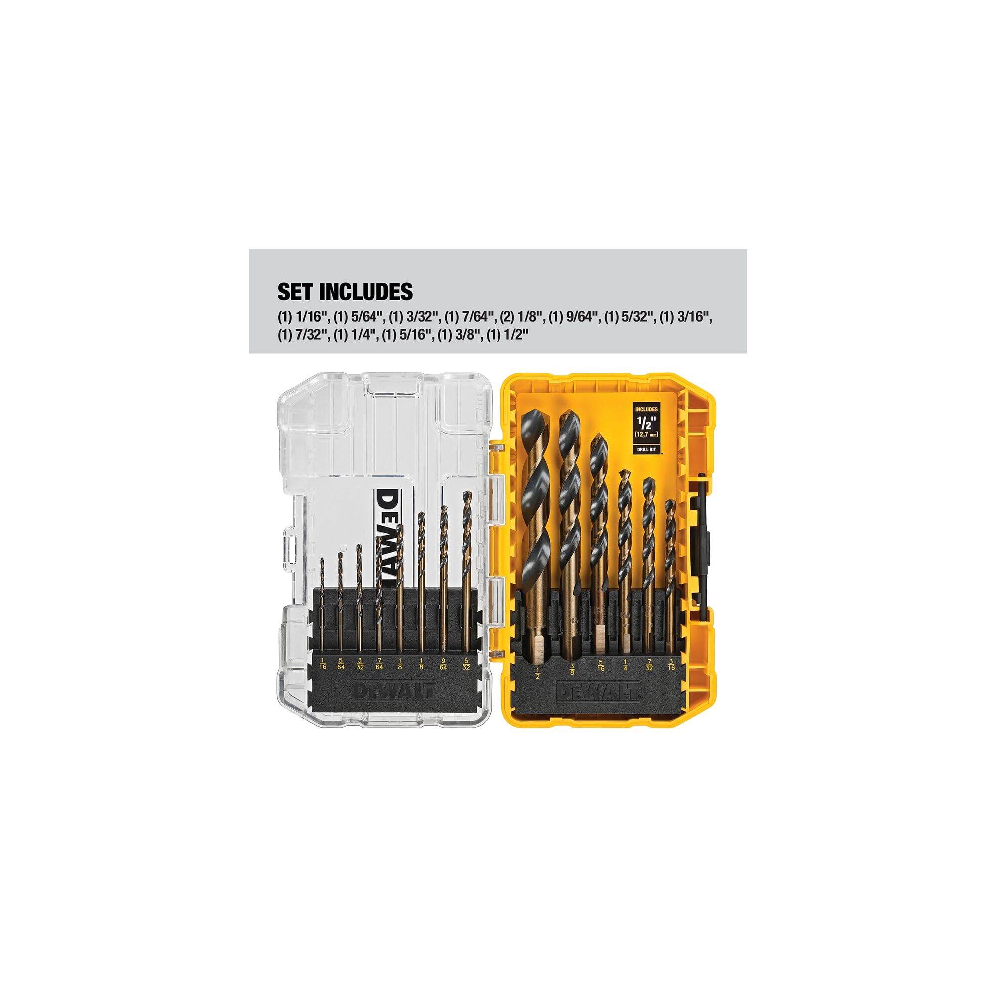 Buy now DEWALT Drill Bit Set, 3-Flats Shank,14-Piece, 135 Degree Split Point, for Plastic, Wood and Metal (DWA1184) 14 piece set (Pack of 5) at indiglob india