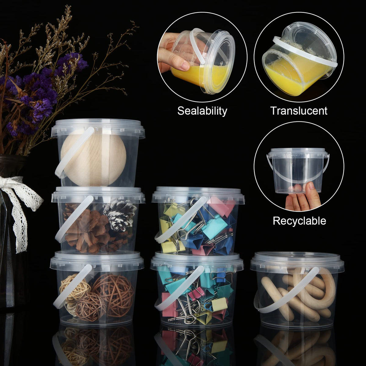 ZOEYES 50 PCS 10 oz Slime Containers with Lids and Handles, Plastic 300ml Storage Bucket Containers, Clear Slime Storage Case for Slime DIY Art Craft, Mini Toy, Pigment, Small Tools, Part Material