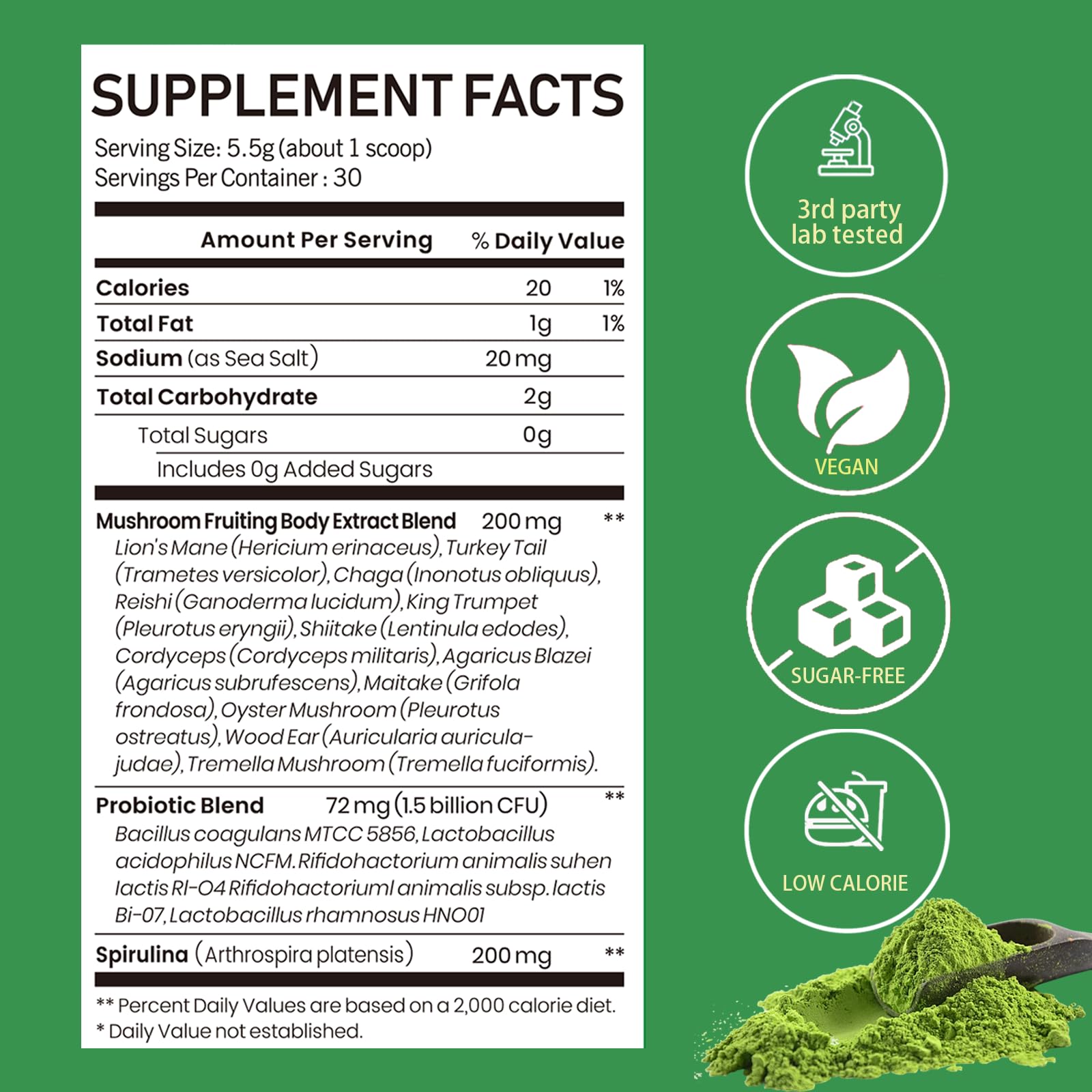 Mushroom Matcha with 12 Mushrooms with Lion's Mane, Chaga and Probiotics, Ceremonial Grade Matcha Powder for Focus, Digestion & Immunity - 30 Servings