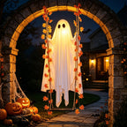 4.4 FT Swinging Ghost Halloween Decor - Outdoor Indoor Halloween Decorations with Ghost on A Swing for Outside Garden Yard Porch Tree, Hanging Large Spooky Cute Ghosts with String Lights for Party