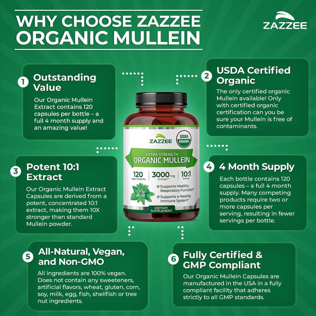 Zazzee USDA Organic Mullein Leaf 10:1 Extract, 120 Capsules, 4 Month Supply